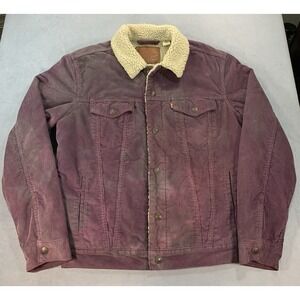 Levis Women Sz M Corduroy Sherpa Trucker Jacket Distressed Winter Coat Purple